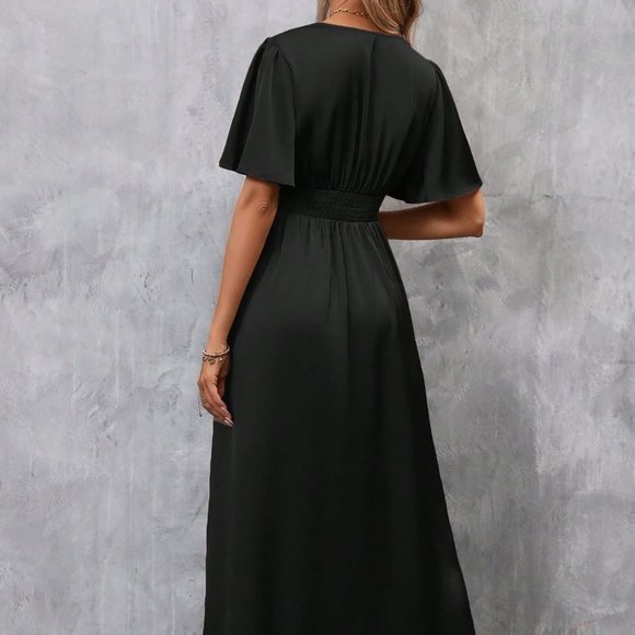 Black Preppy Womens Plunging Neck Butterfly Sleeve Split Thigh Satin Dress - Picture 2 of 5